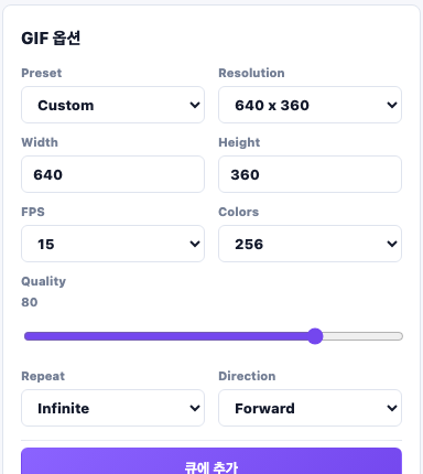 GIF 옵션 — 프리셋, 해상도, FPS, 256색, 품질, 반복, 방향